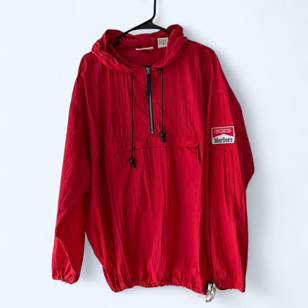 Marlboro Unlimited Red‎ Nylon Half Zip Hooded Anorak Jacket Windbreaker L